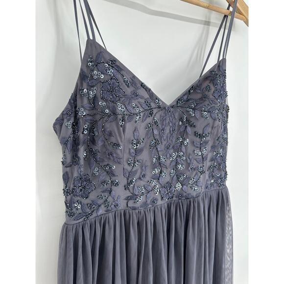 BHLDN Elowen Maxi Dress V Neck Floral Sequin Beaded Tulle Long Formal Gown Steel - Picture 5 of 13